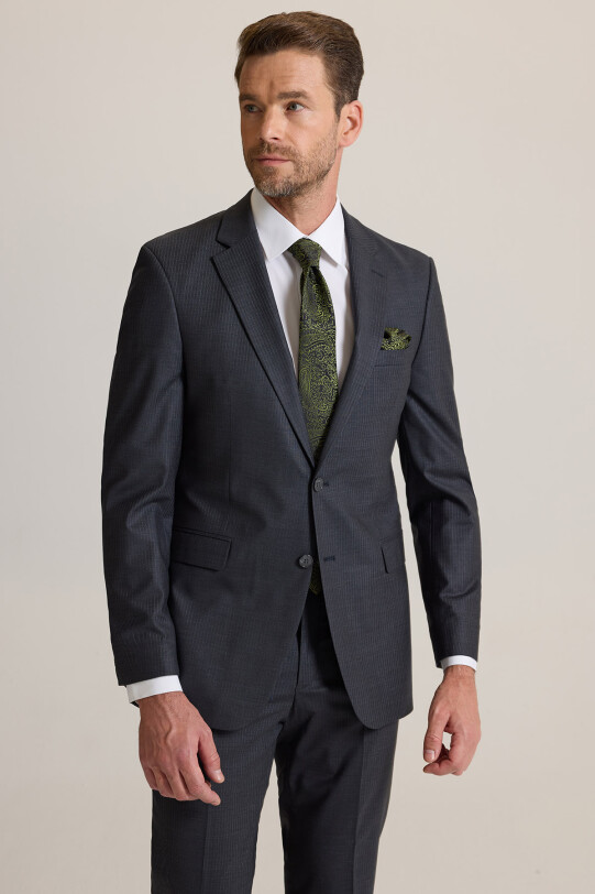 Erkek Füme Çizgili Regular Fit Takım Elbise