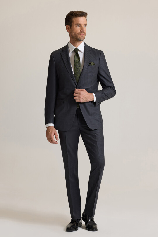 Erkek Füme Çizgili Regular Fit Takım Elbise