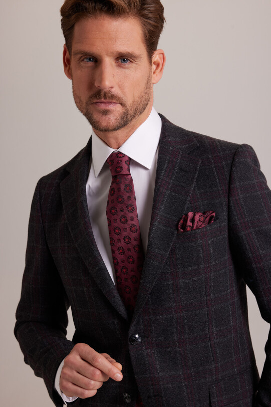 Erkek Füme Kışlık Yünlü Regular Fit Ekose Desenli Tek Ceket