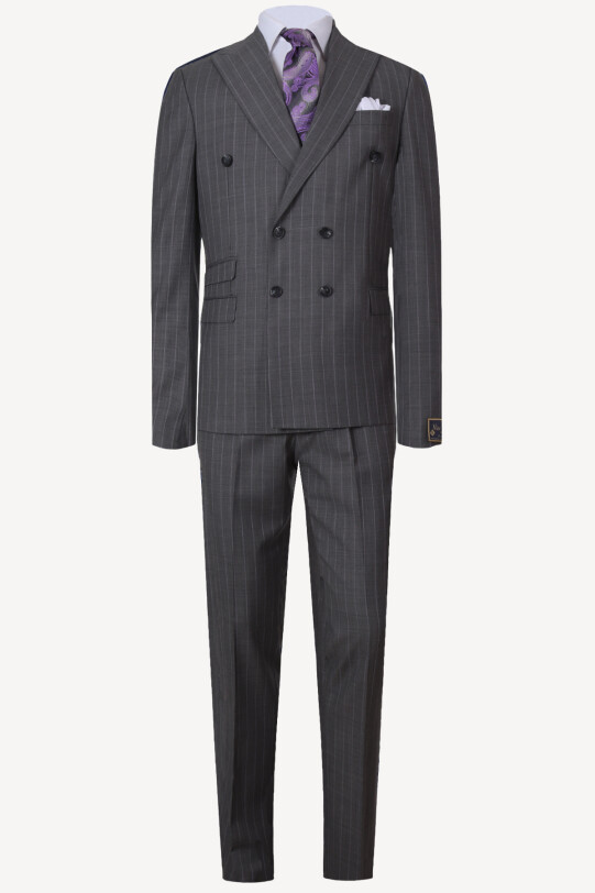 Erkek Füme Kruvaze Çizgili Regular Fit Takım Elbise