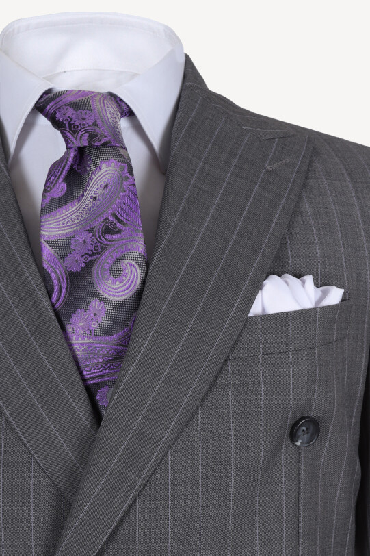 Erkek Füme Kruvaze Çizgili Regular Fit Takım Elbise