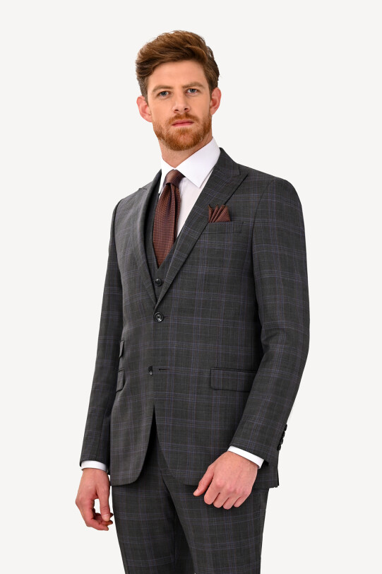 Erkek Füme Regular Fit Ekose Yelekli Takım Elbise