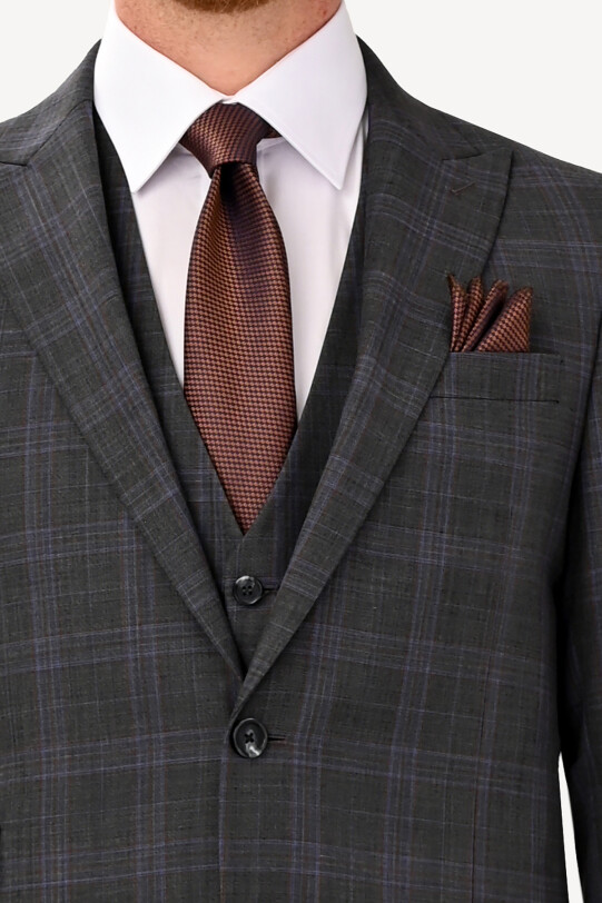 Erkek Füme Regular Fit Ekose Yelekli Takım Elbise