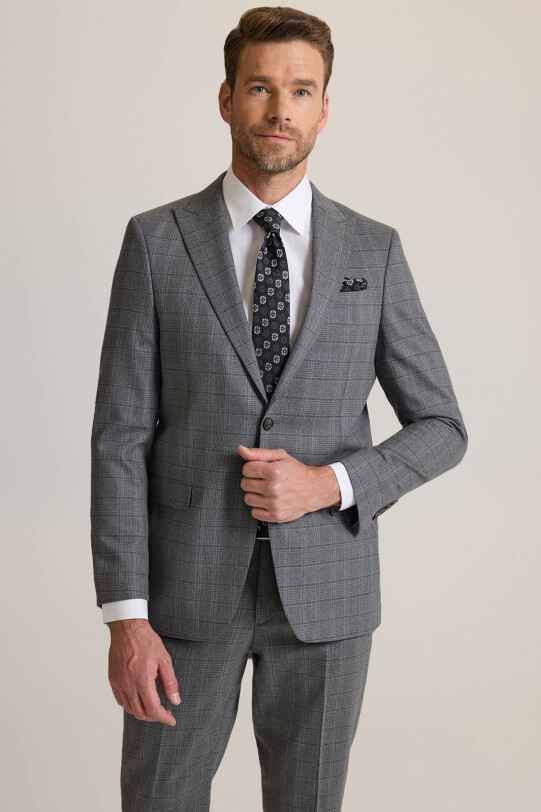 Erkek Füme Regular Fit Kareli Sivri Yaka Takım Elbise