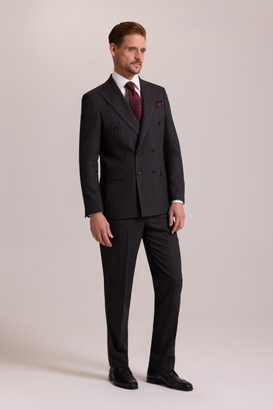 Erkek Füme Regular Fit Kruvaze Yün Takım Elbise
