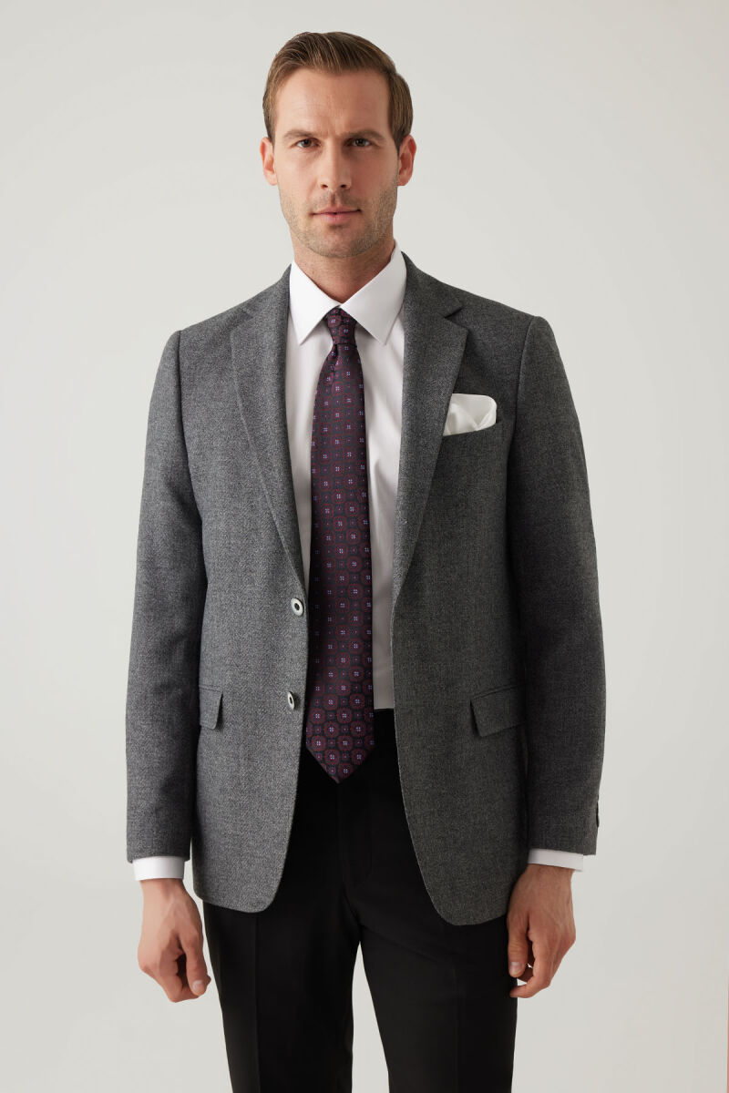 Erkek Füme Regular Fit Mono Yaka Kışlık Yünlü Ceket - 2