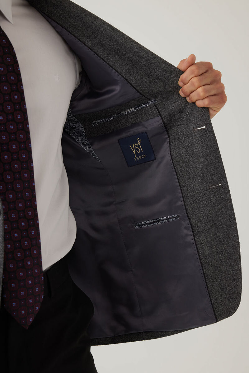 Erkek Füme Regular Fit Mono Yaka Kışlık Yünlü Ceket - 7