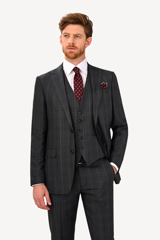 Erkek Füme Regular Fit Sivri Yaka Yelekli Takım Elbise