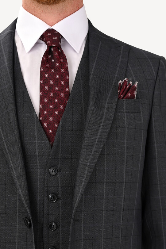 Erkek Füme Regular Fit Sivri Yaka Yelekli Takım Elbise