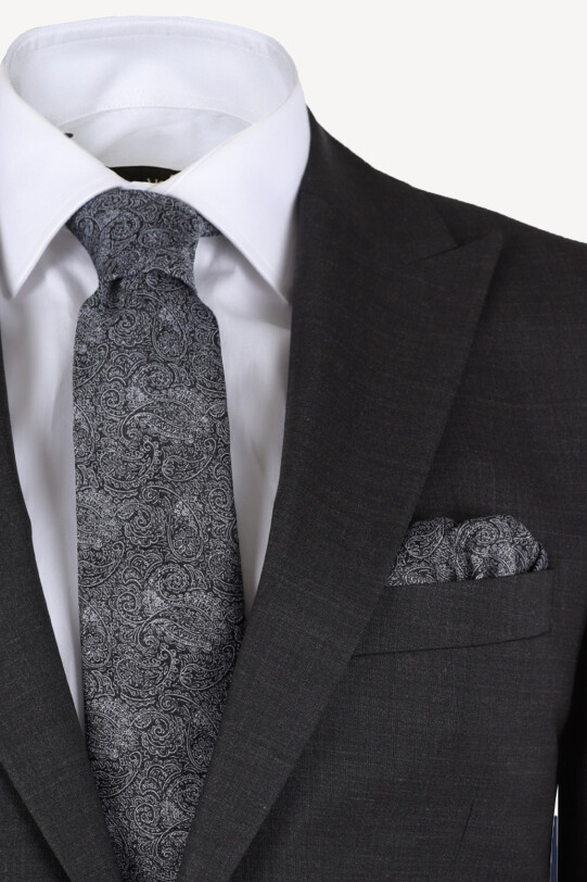 Erkek Füme Slim Fit Sivri Yaka Takım Elbise