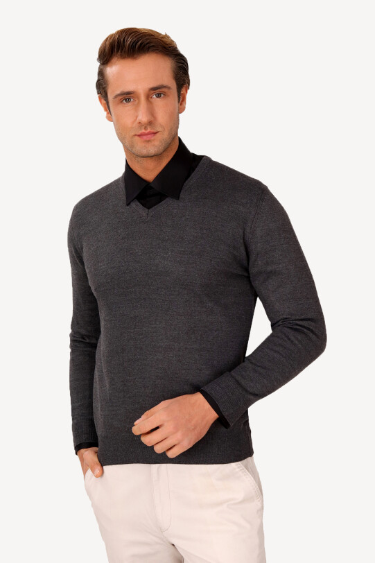 Erkek Füme V Yaka Klasik Triko