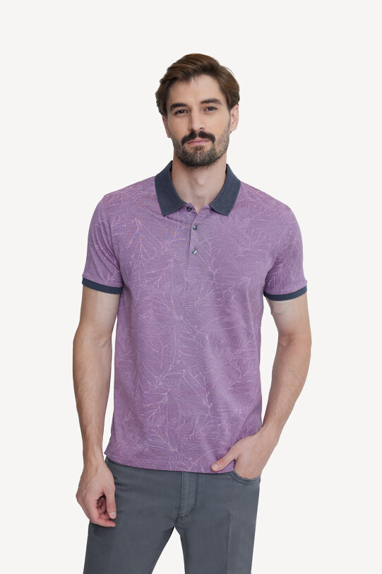 Erkek Fuşya Pembe Polo Yaka Pamuklu Desenli T-shirt