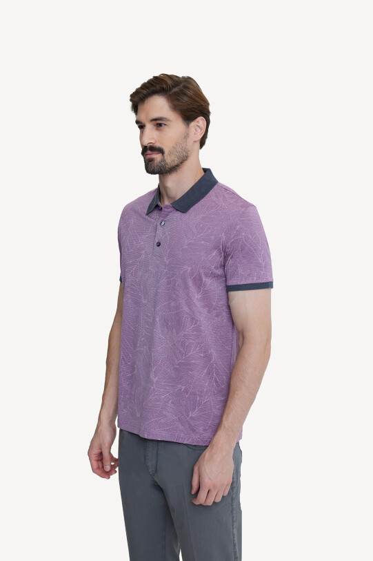 Erkek Fuşya Pembe Polo Yaka Pamuklu Desenli T-shirt