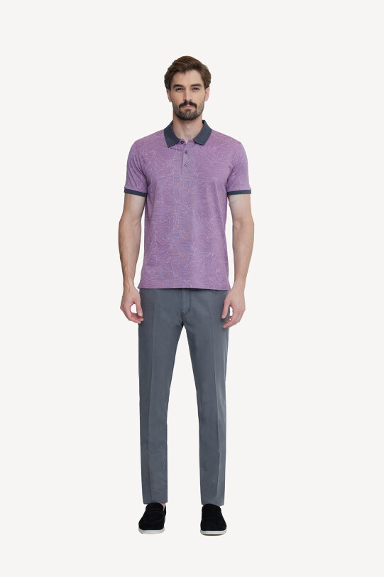 Erkek Fuşya Pembe Polo Yaka Pamuklu Desenli T-shirt