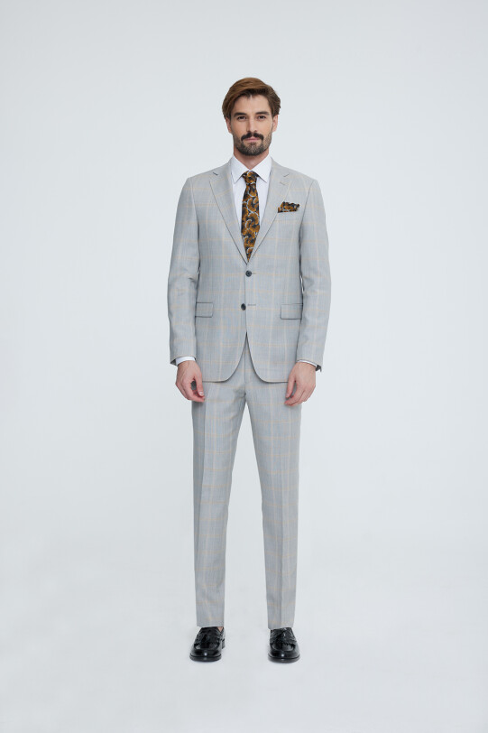Erkek Gri Bej Regular Fit Ekose Takım Elbise
