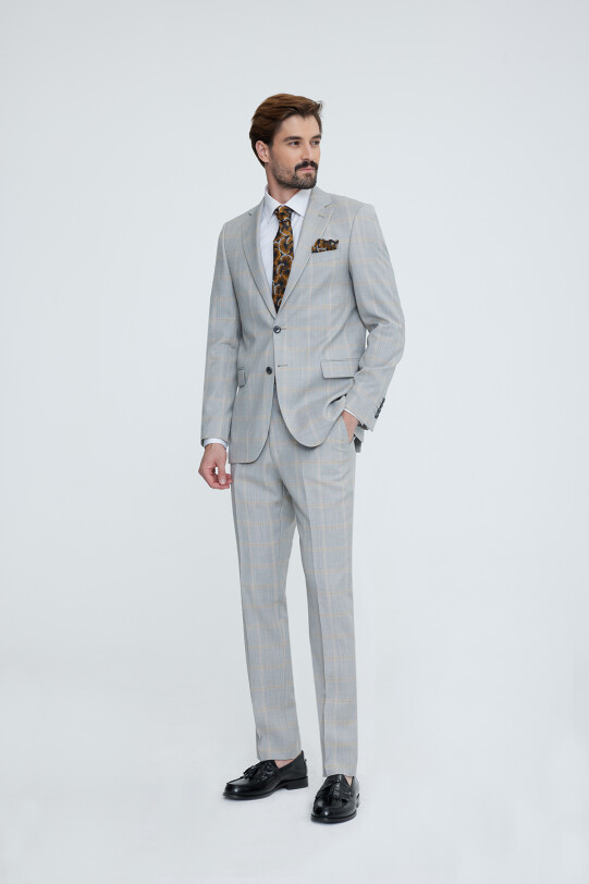 Erkek Gri Bej Regular Fit Ekose Takım Elbise