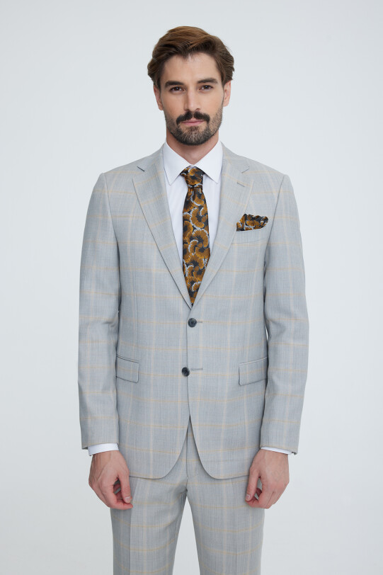 Erkek Gri Bej Regular Fit Ekose Takım Elbise