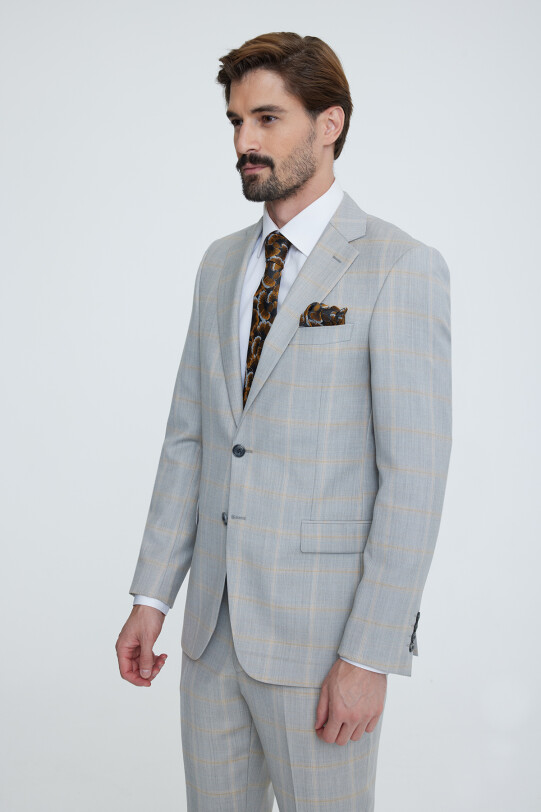 Erkek Gri Bej Regular Fit Ekose Takım Elbise