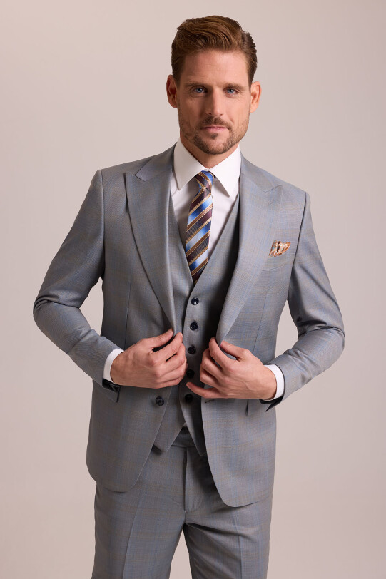 Erkek Gri Bej Slim Fit Sivri Yaka Yelekli Yün Takım Elbise