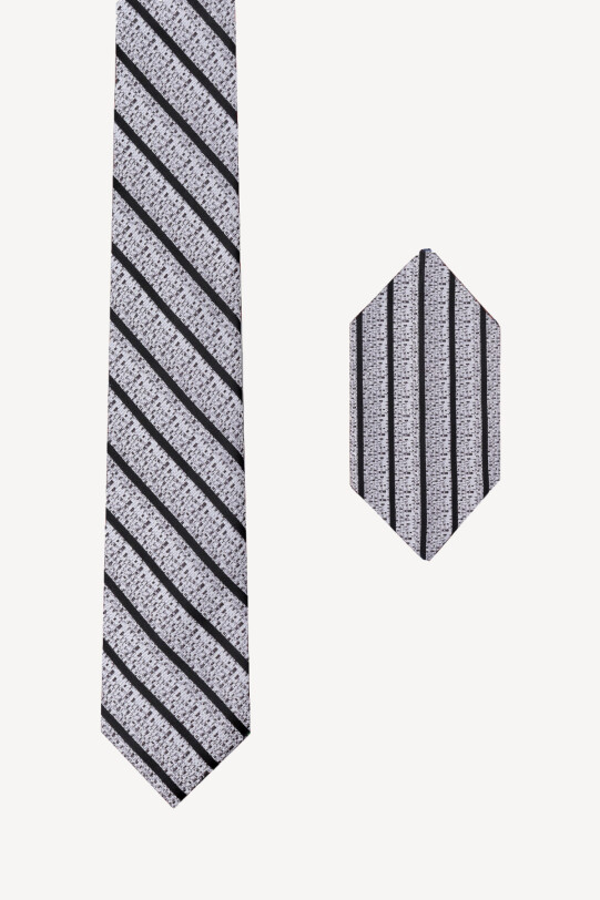 Erkek Gri Çizgili Dokulu Kravat Mendil Set - YSF