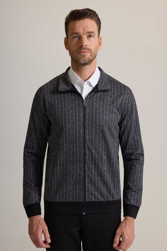 Erkek Gri Çizgili Fermuarlı Çizgi Desenli Sweatshirt