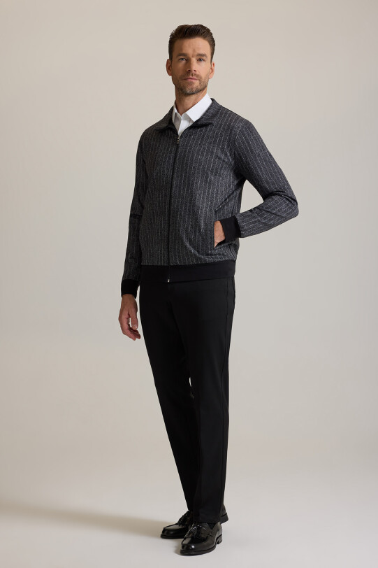 Erkek Gri Çizgili Fermuarlı Çizgi Desenli Sweatshirt