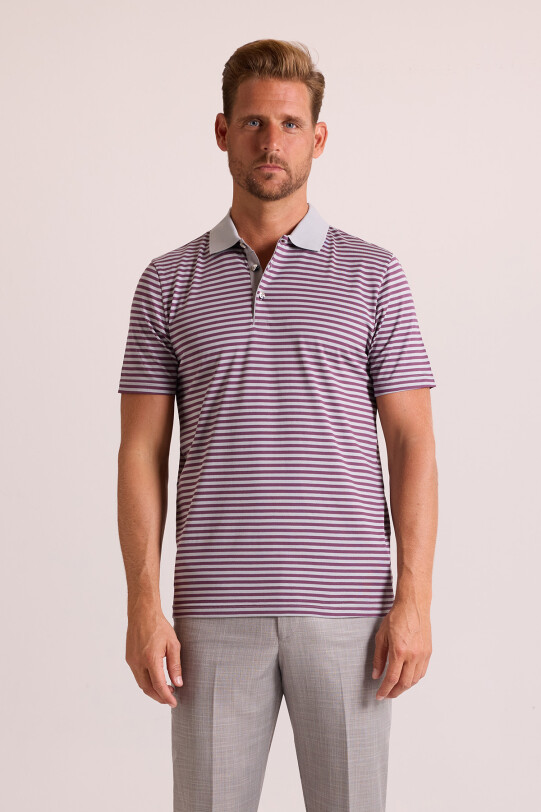 Erkek Gri Çizgili Polo Yaka T-Shirt