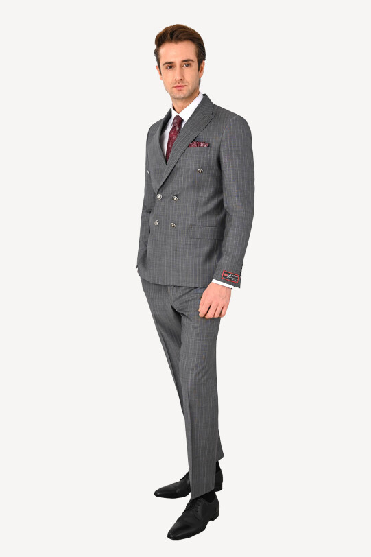 Erkek Gri Çizgili Regular Fit Kruvaze Takım Elbise