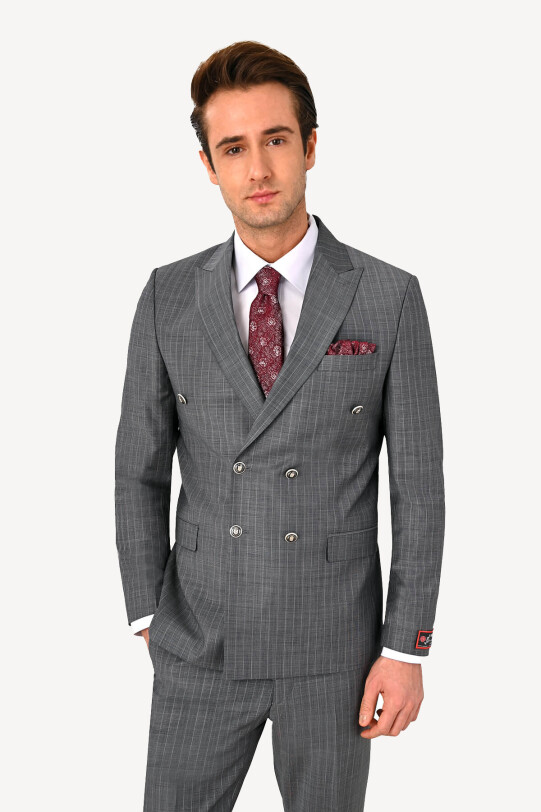 Erkek Gri Çizgili Regular Fit Kruvaze Takım Elbise