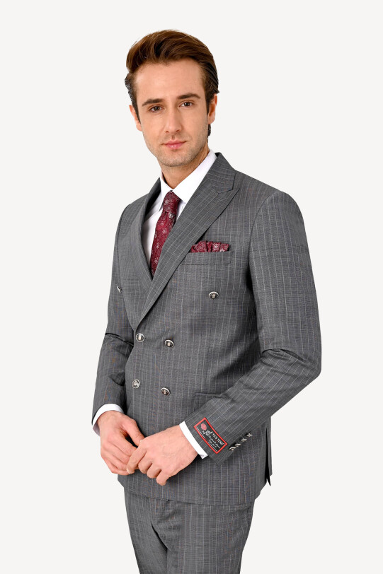 Erkek Gri Çizgili Regular Fit Kruvaze Takım Elbise