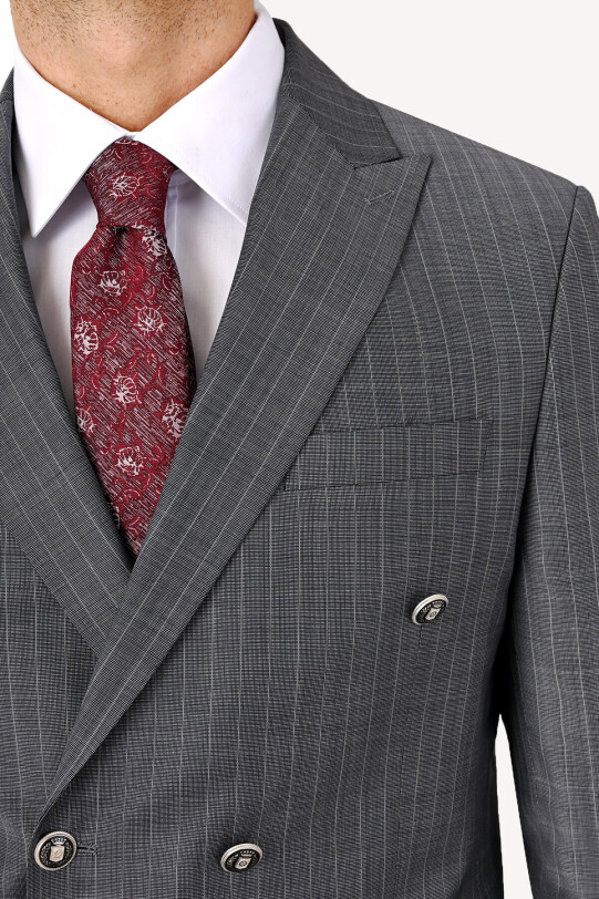 Erkek Gri Çizgili Regular Fit Kruvaze Takım Elbise