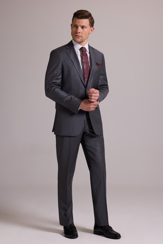 Erkek Gri Çizgili Regular Fit Mono Yaka %100 Yün Çizgili Takım Elbise