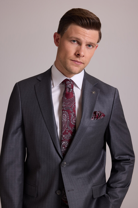 Erkek Gri Çizgili Regular Fit Mono Yaka %100 Yün Çizgili Takım Elbise