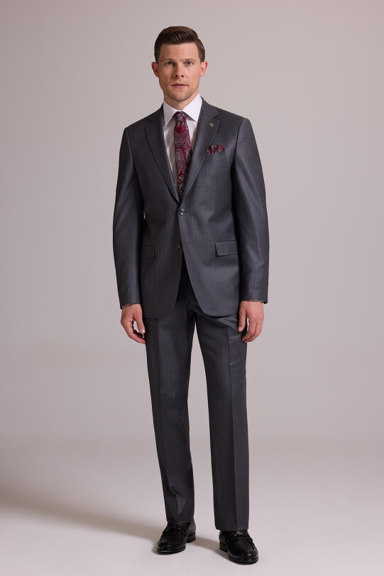 Erkek Gri Çizgili Regular Fit Mono Yaka %100 Yün Çizgili Takım Elbise
