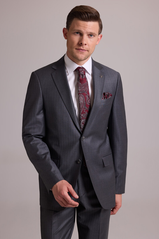 Erkek Gri Çizgili Regular Fit Mono Yaka %100 Yün Çizgili Takım Elbise