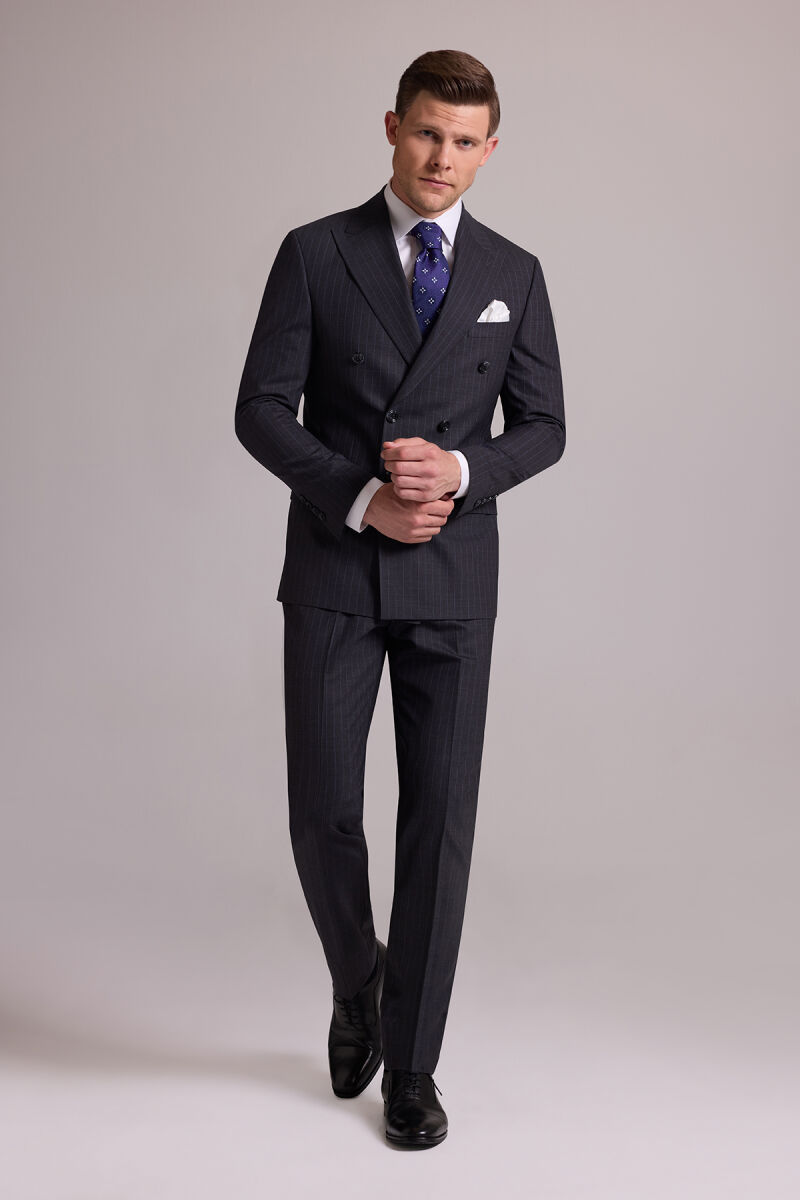 Erkek Gri Çizgili Slim Fit Sivri Yaka Kruvaze %100 Yün Takım Elbise - 3