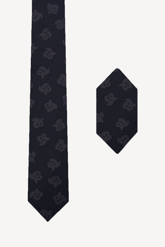 Erkek Gri Desenli Kravat Mendil Set - YSF