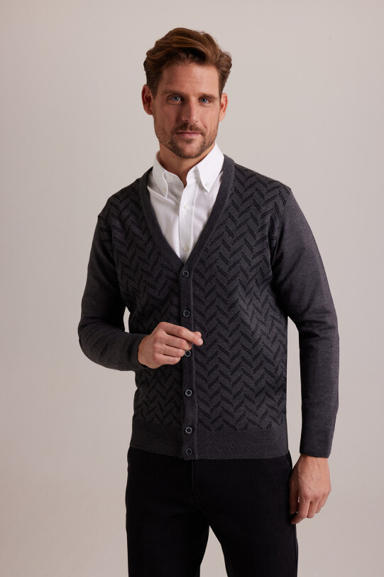 Erkek Gri Desenli Triko Hırka