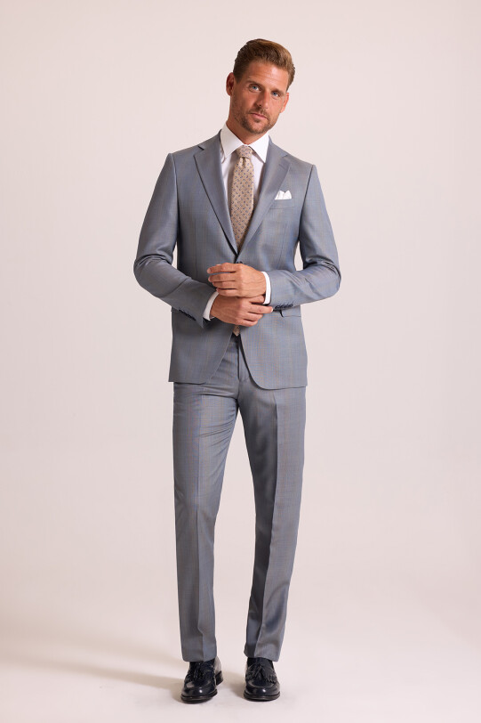 Erkek Gri Kareli Regular Fit Mono Yaka Takım Elbise