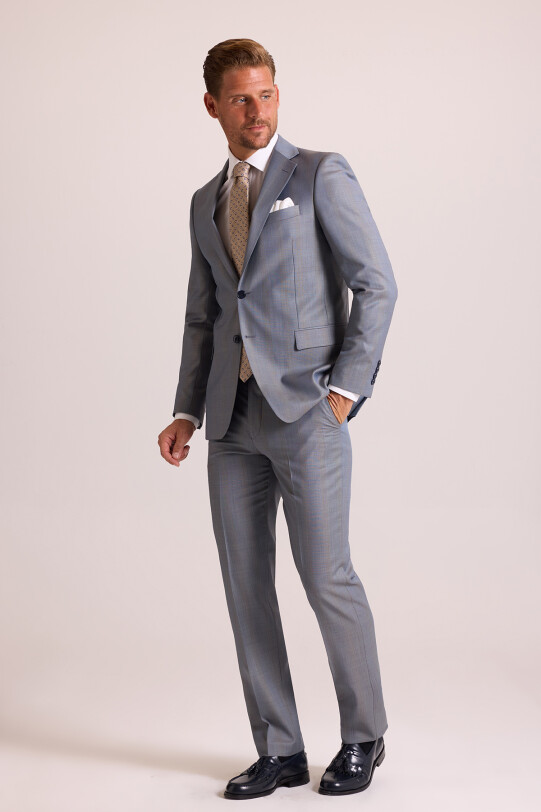 Erkek Gri Kareli Regular Fit Mono Yaka Takım Elbise