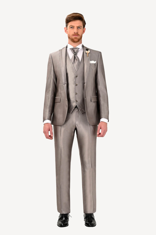 Erkek Gri Kırlangıç Yaka Yelekli Desenli Slim Fit Damatlık