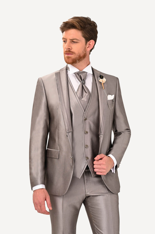 Erkek Gri Kırlangıç Yaka Yelekli Desenli Slim Fit Damatlık