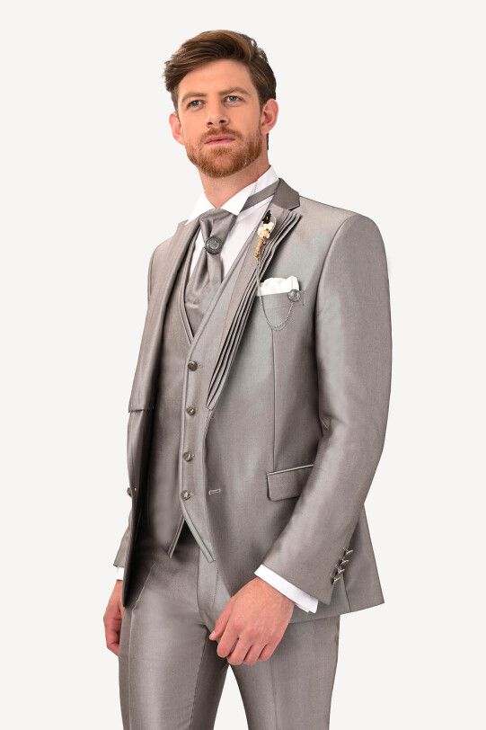 Erkek Gri Kırlangıç Yaka Yelekli Desenli Slim Fit Damatlık