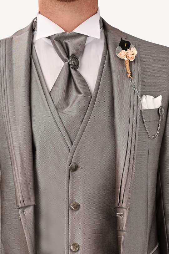 Erkek Gri Kırlangıç Yaka Yelekli Desenli Slim Fit Damatlık