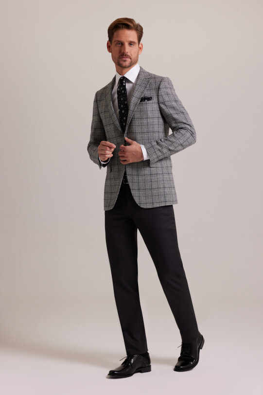 Erkek Gri Kışlık Yünlü Regular Fit Ekose Desenli Tek Ceket