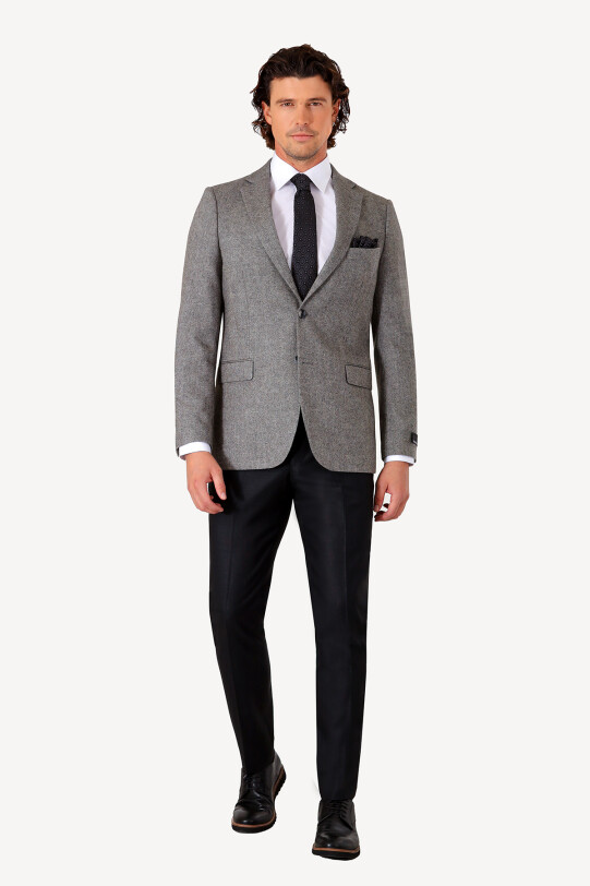 Erkek Gri Kışlık Yünlü Regular Fit Tek Ceket