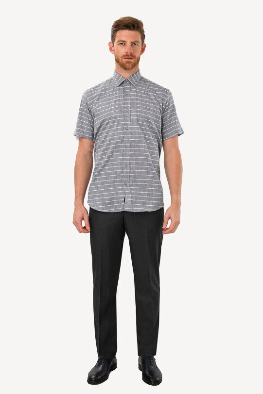 Erkek Gri Klasik Çizgili Keten Gömlek