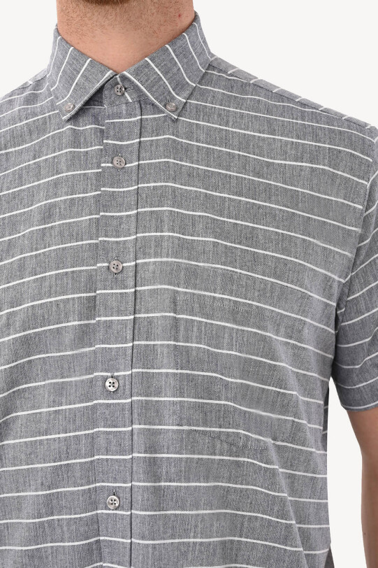 Erkek Gri Klasik Çizgili Keten Gömlek