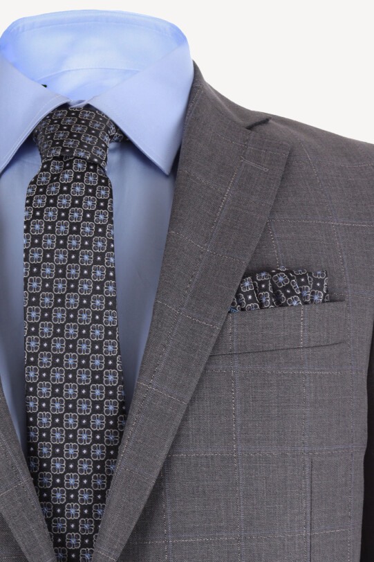 Erkek Gri Klasik Kareli Takım Elbise