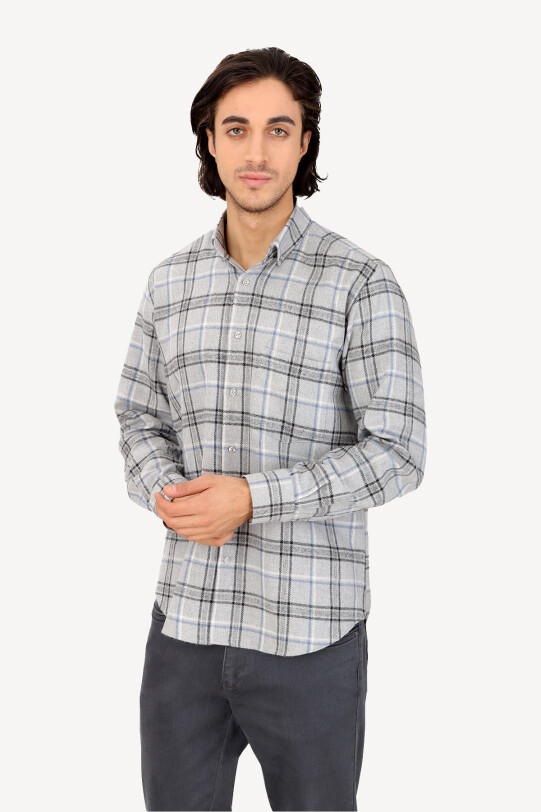 Erkek Gri Klasik Uzun Kol Oduncu Gömlek - YSF